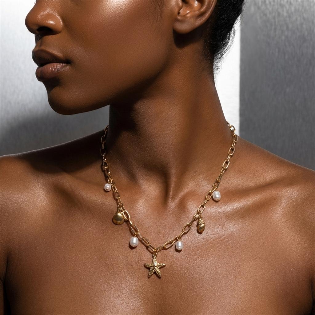 Bohemian Starfish Conch Mermaid Tail Pendant Necklace for Women Minimalist Imitation Pearl Beaded Chain Holiday Jewelry Gift