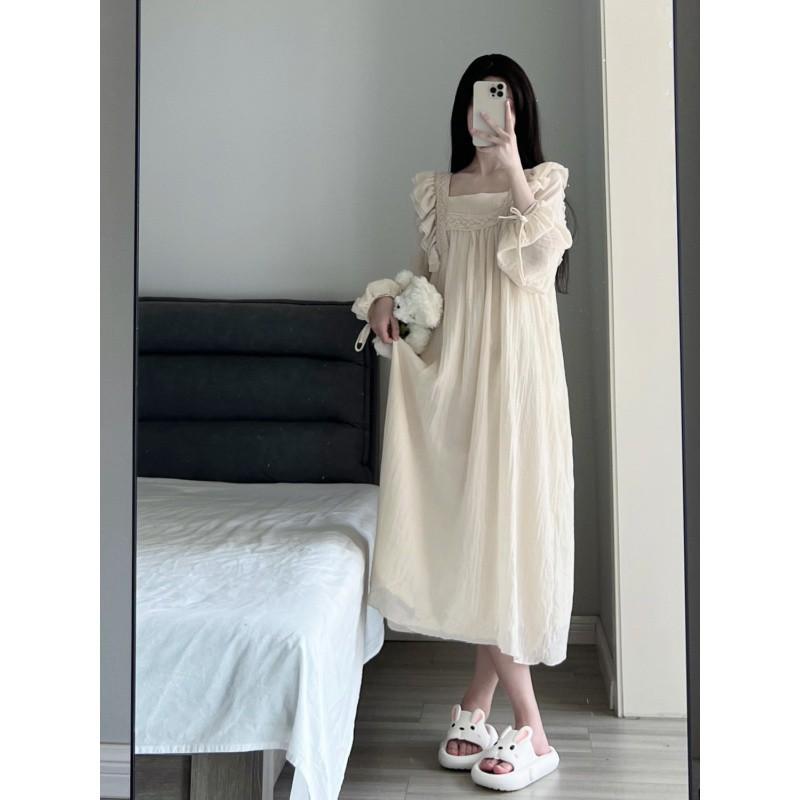 Camicia da notte in pizzo, pigiama da donna, coreano, con volant, abito da notte, primaverile, pigiama intero, manica lunga, colletto quadrato, abbigliamento per la casa