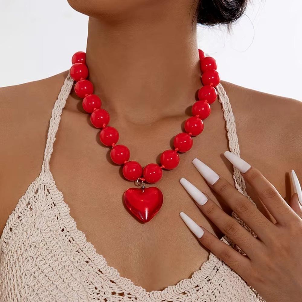 

Exaggerated Round Bead Heart Pendant Necklace Adjustable Handmade Chain Choker Party Jewelry Gift Collar Necklace for Women червоний