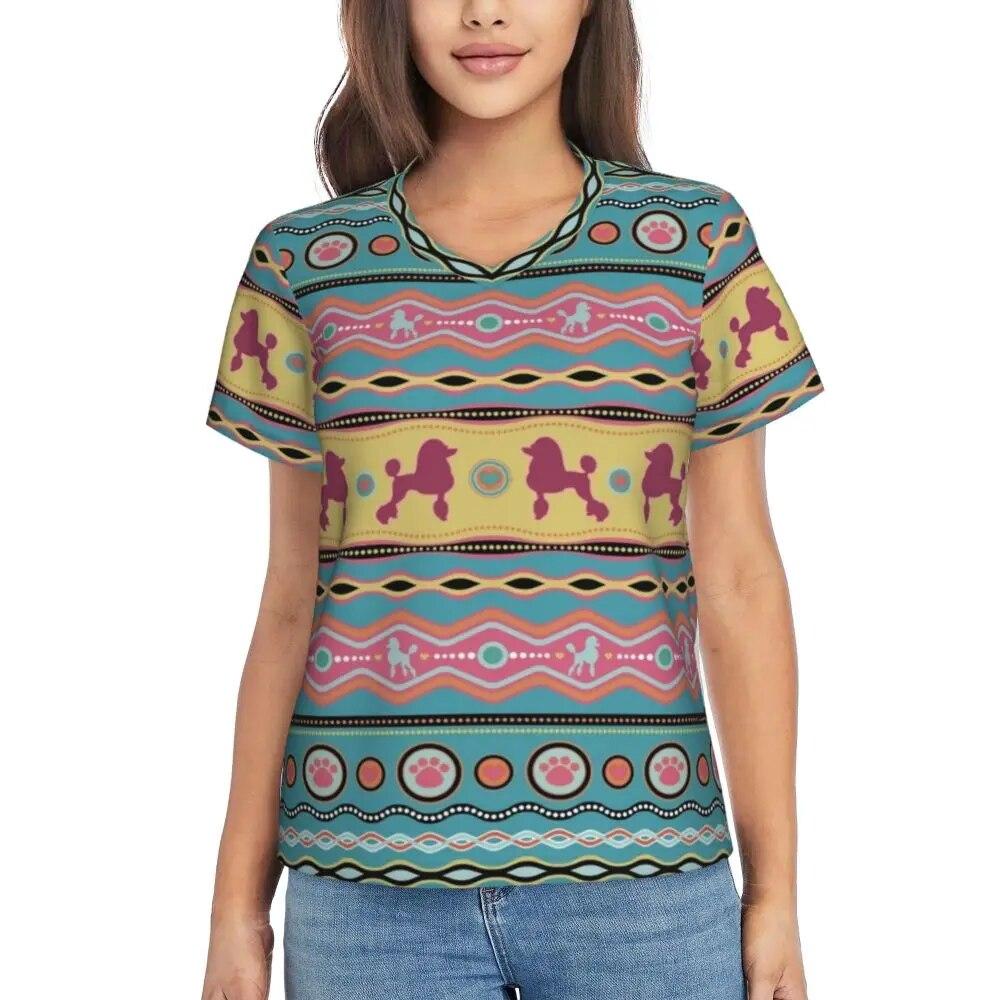 Cute Poodle Print T-Shirts Life Is Better V Neck Fashion Oversized T-Shirt Short Sleeve Woman Aesthetic Tshirt Design Top Tees