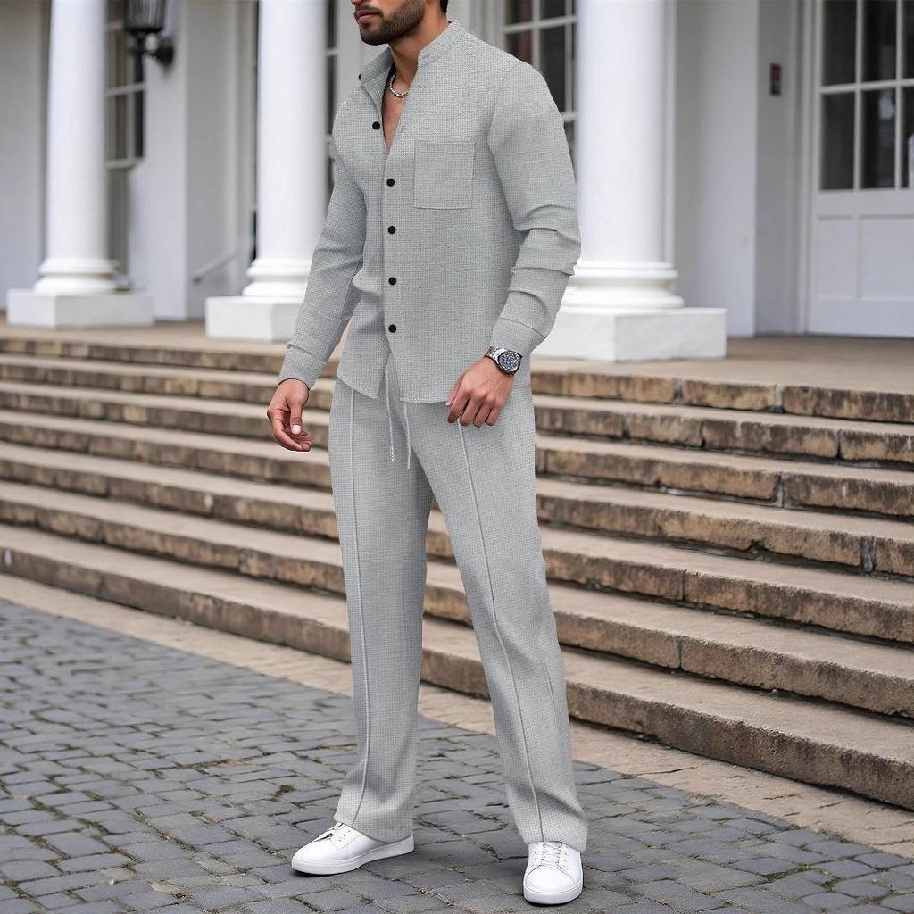 Men's European Autumn Waffle Knit Stand Collar Cardigan & Long Pants Set
