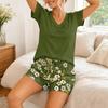 Women Two Piece Set V Neck Short Sleeve Top and Floral Print Drawstring Waist Shorts Casual Lounge Wear