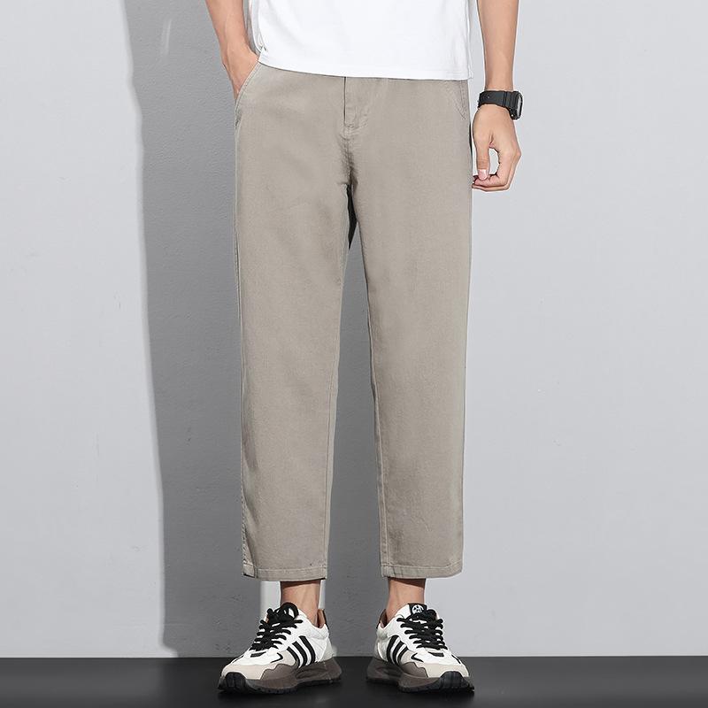 Spring and summer new pure cotton slim-fit straight casual pants thin solid color simple versatile light business nine-point trousers