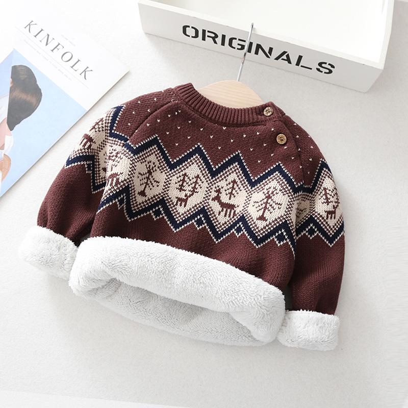 Men's and Children's Thick Fleece-Lined Retro Knit Sweater - Pure Cotton Base Layer for Infants and Kids
