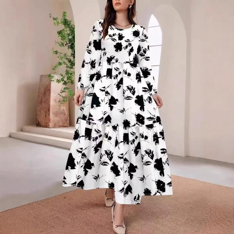 Women's Fashion Casual Printed Round Neck Long Sleeve Skirt Ladies Long Skirt Elegant Straight Dress