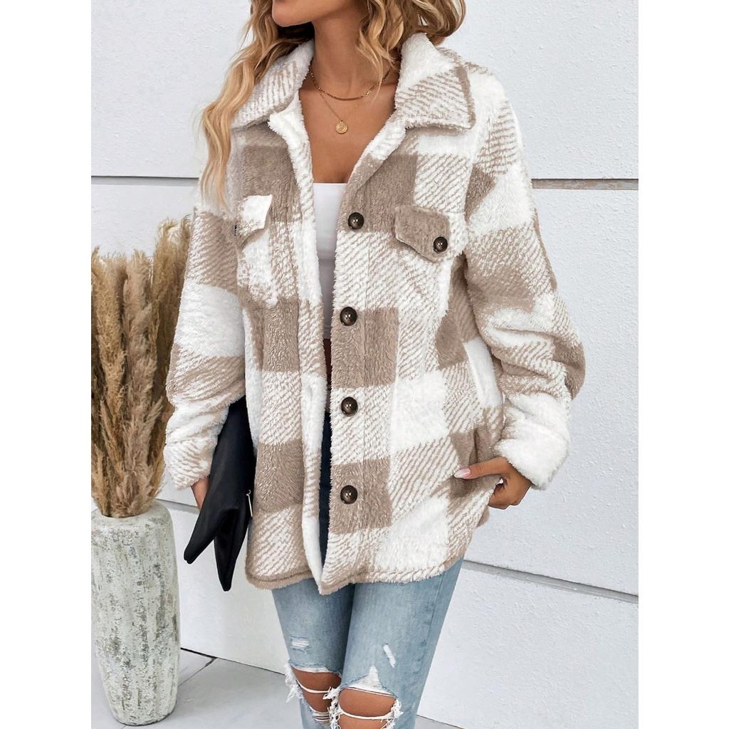 Ladies' Plush Fleece Winter Coat - Grid High Stretch Coat, Middle Eastern Elegant Collection, Machine Washable for Autumn and Winter