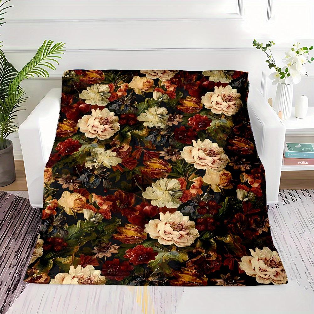 [Reversible Floral Blanket] 1pc Reversible Floral Print Flannel Throw Blanket - Contemporary, All-Season Cozy Polyester Fleece, 75X95CM