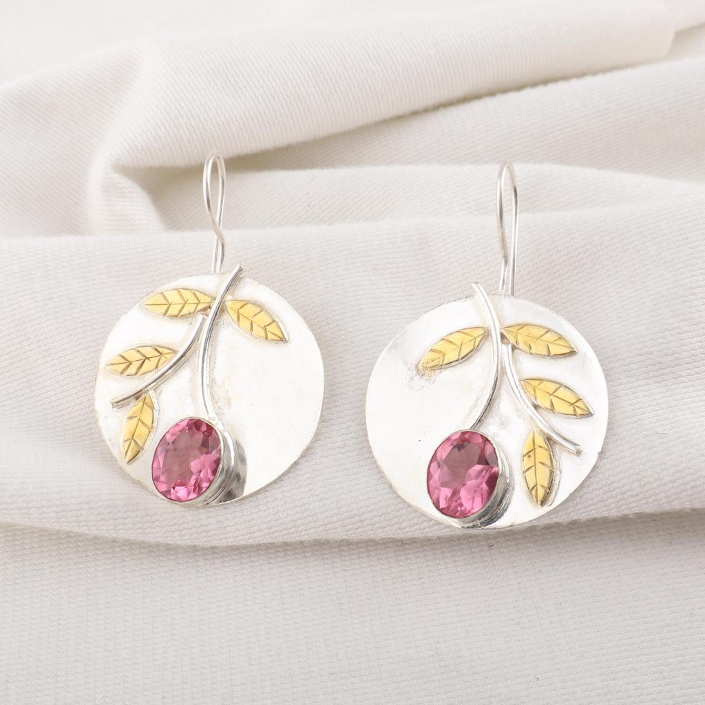 Pink Tourmaline Gemstone Earrings, Handmade 925 Solid Sterling Silver Jewelry, Meditation Earrings Jewelry For Women