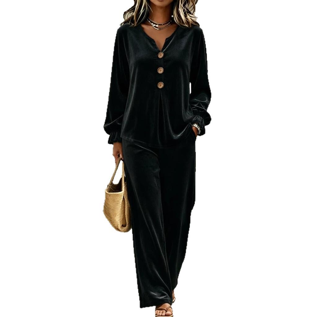 European and American TK Women's New Velvet Casual Button V-neck Long-sleeved Top and Trousers Two-piece Set