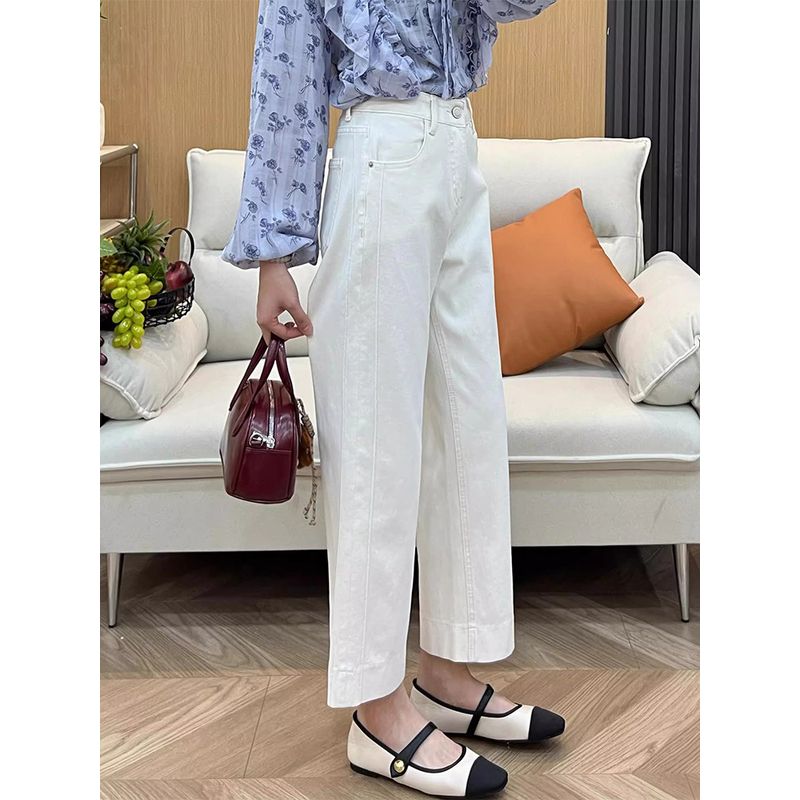 White Straight-Leg Jeans for Women, 2026 Summer New Style, Plus-Size Pear-Shaped Body, High-Waisted, Stretchy, Cropped Wide-Leg Pants