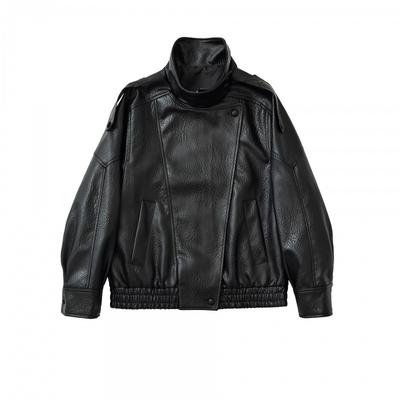 Womens Oversized Vintage-Style Faux Leather Jacket Casual Long Sleeve Zip-Up Coat Cycling Urban Wear