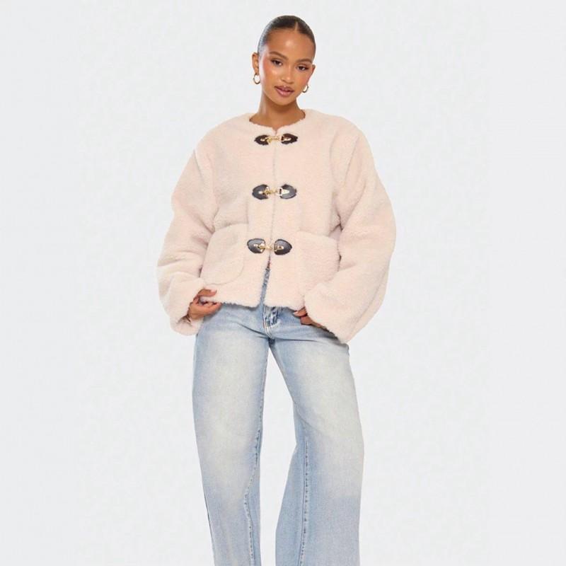 Womens Short Wool Blend Coat With Faux Fur Lining Round Neck Loose Fit Warm Outerwear Winter