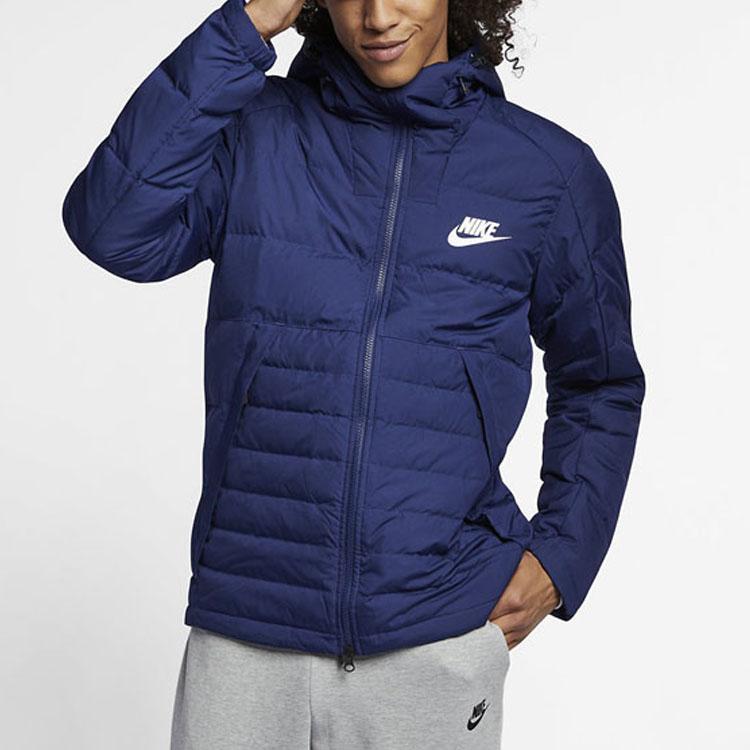 Nike Pánská outdoorová větruodolná teplá péřová bunda s kapucí Modro-námořnická AJ7947-429