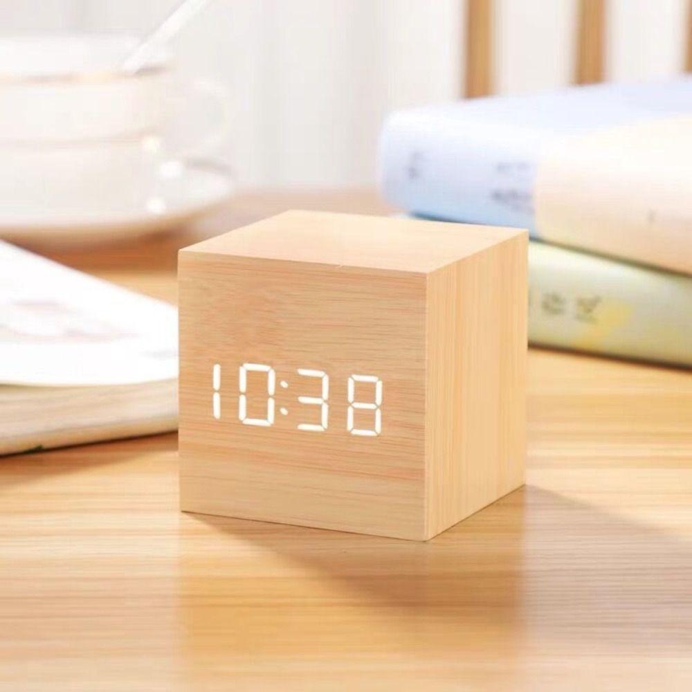 Square Digital LED Alarm Clock Wood Desk Clock Art Ornaments Glow Clock Bedside