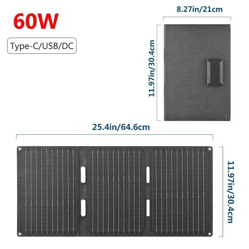 60W Foldable Solar Panel Charger USB Type-C DC Portable Solar Cell Folding Bag Power Bank For Phone Outdoor Hiking Camping