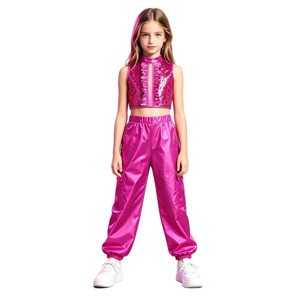 Mädchen Jazz Dance Crop Top Stehkragen Ärmellos Verdeckter Reißverschluss Hinten Pailletten Metallisches Patchwork Rüschen mit Glänzender Hose für Bühnenauftritt
