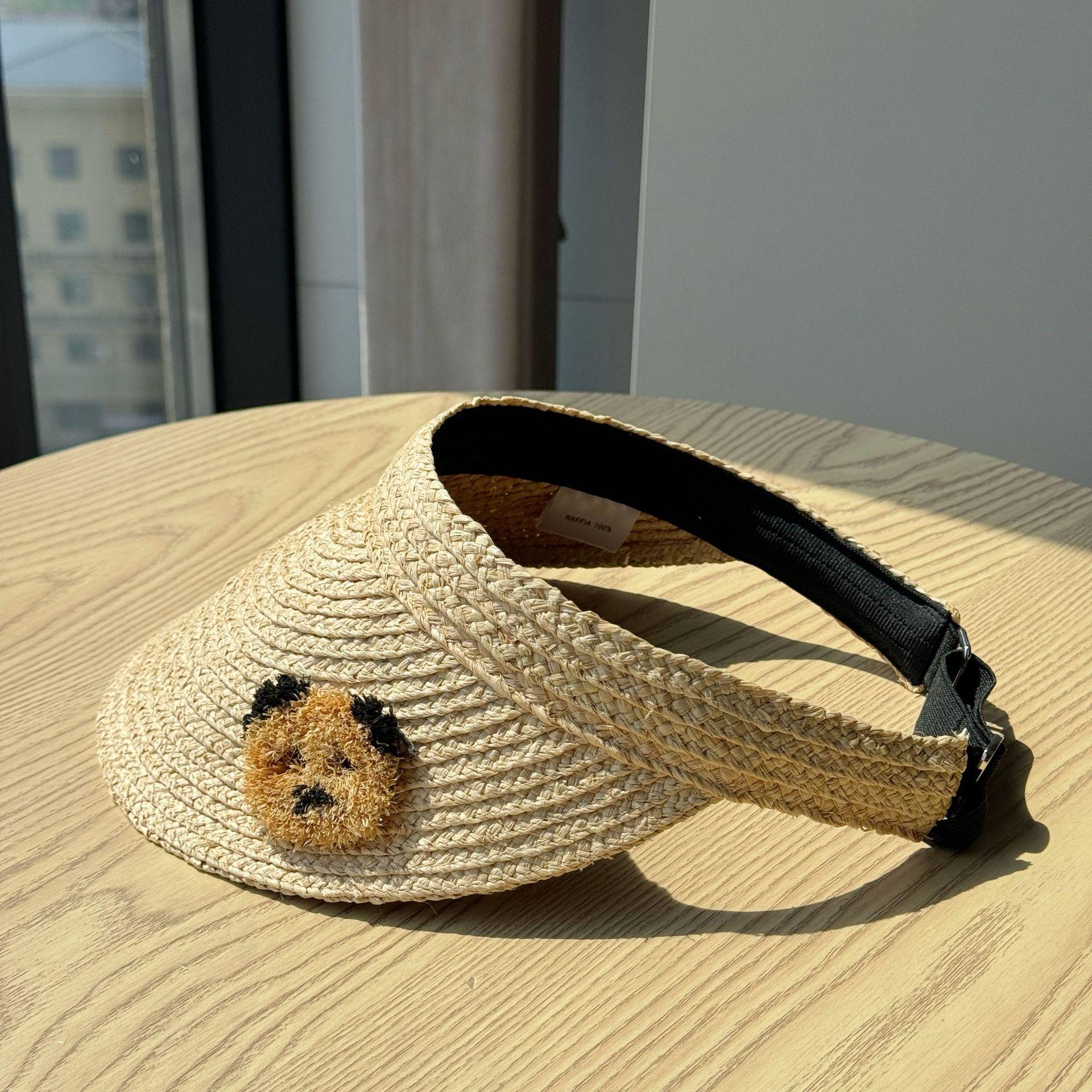

New cute women s handmade raffia straw visor hat with panda decoration, sun protection hat, foldable and trendy Adult54-60Adjustable