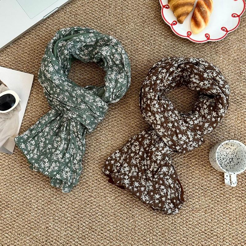 Scarf new versatile literary floral retro pleated cotton and linen scarf versatile women's silk scarf scarf shawl