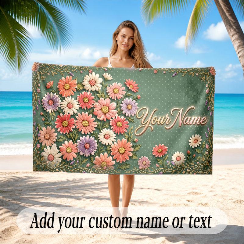Floral Garden Theme Soft Beach Towel Personalized Custom Name Text Towel Portable for Beach Pool Travel