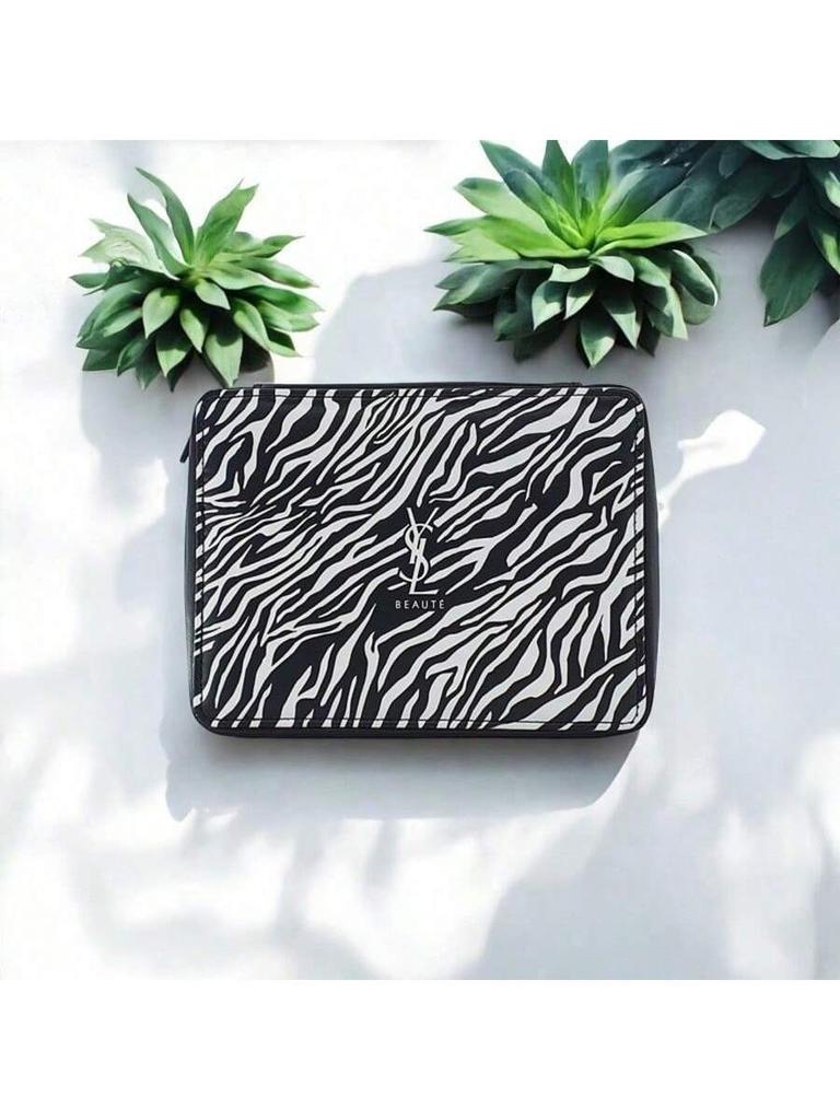 YSL Makeup Bag, Featuring a Zebra Print Design and Zipper Closure, Suitable for Everyday Use, Work, Travel, and School.
