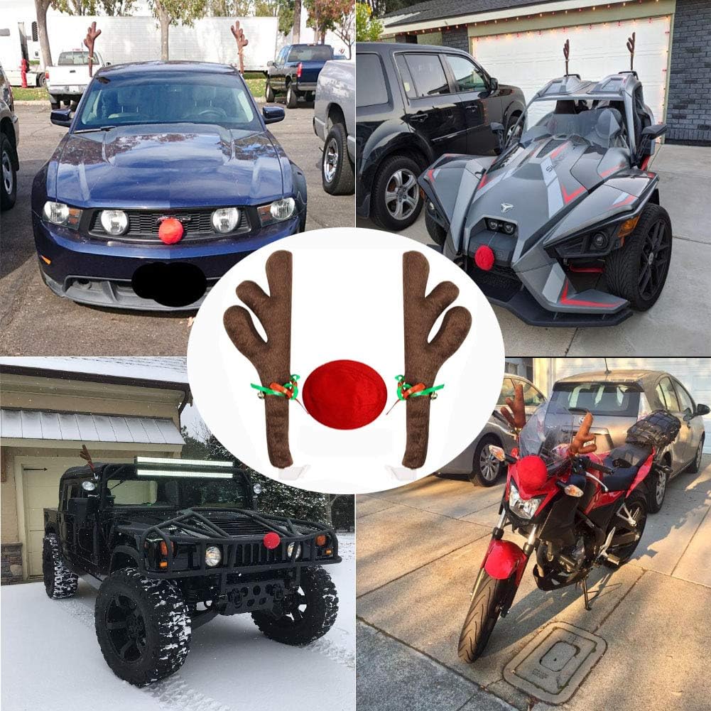 Christmas Car Reindeer Antlers And Nose Decorations Kit Vehicle Costume Plush Rudolf Red Nose Deer Antlers Auto Accessories