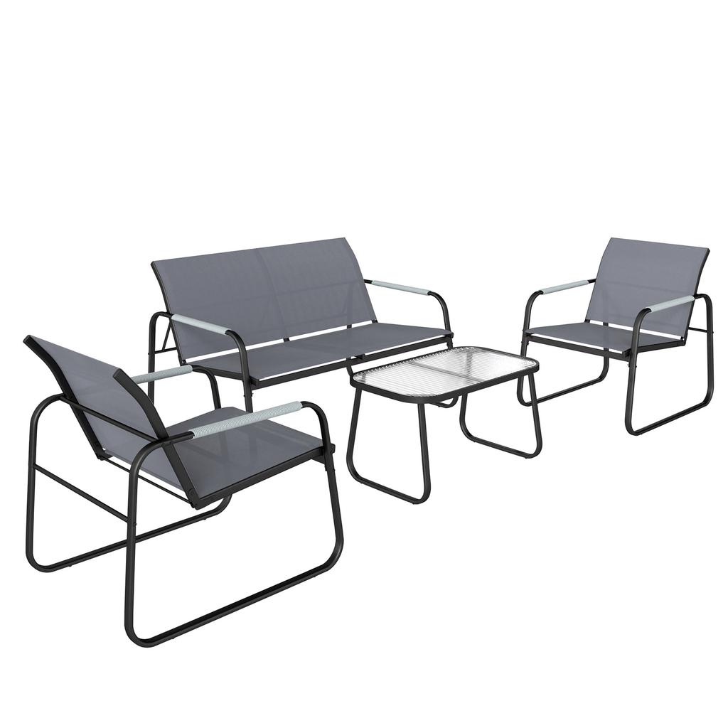 Garden Furniture Set, 4-Piece, Steel and Textilene, Braided Rope Armrests, Grey