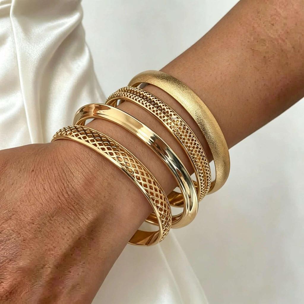 Women's Ethnic Style Gold Alloy Bangle Set - Ten Piece Retro Bracelet Collection