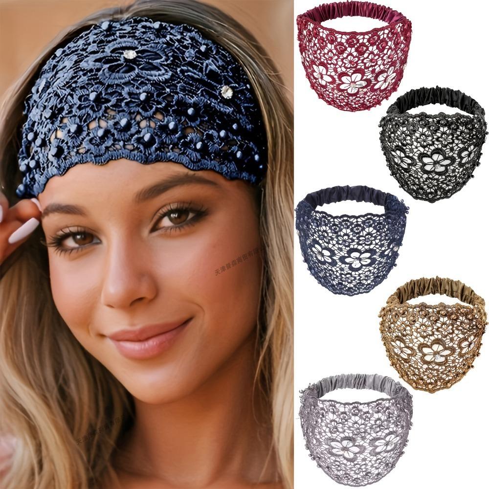 Bloemen Kant Hoofdband met Kristal Kralen Brede Elastische Ademende Haarband voor Vrouwen Mode Haaraccessoires Casual Feest Bruiloft