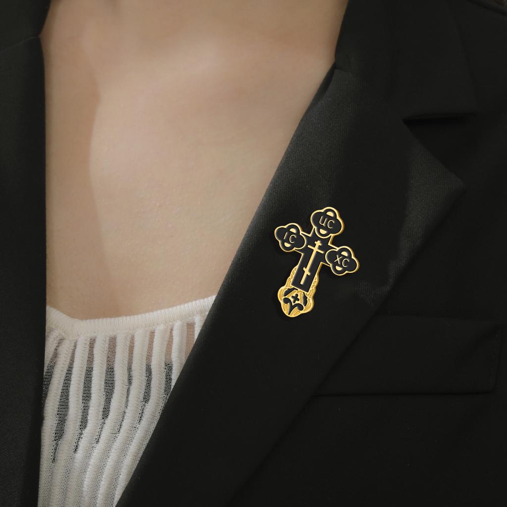 LIKGREAT Christian Cross Brooch for Women Men Enamel Drip Stainless Steel Pin Metal Badge Religious Gothic Jewelry Gift