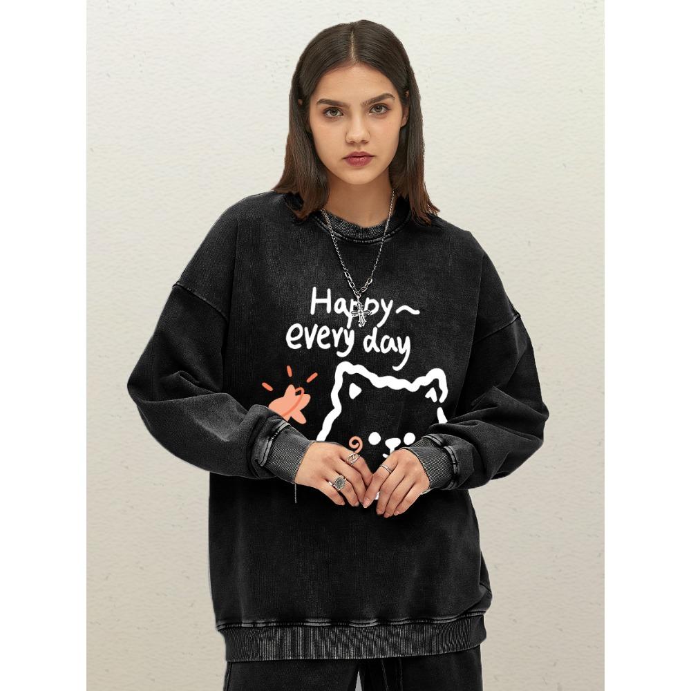 Happy Every Day Cartoon Bear Print Women Washed Sweatshirt Cotton Sportswear O-Neck Autumn Pullovers Loose Clothes