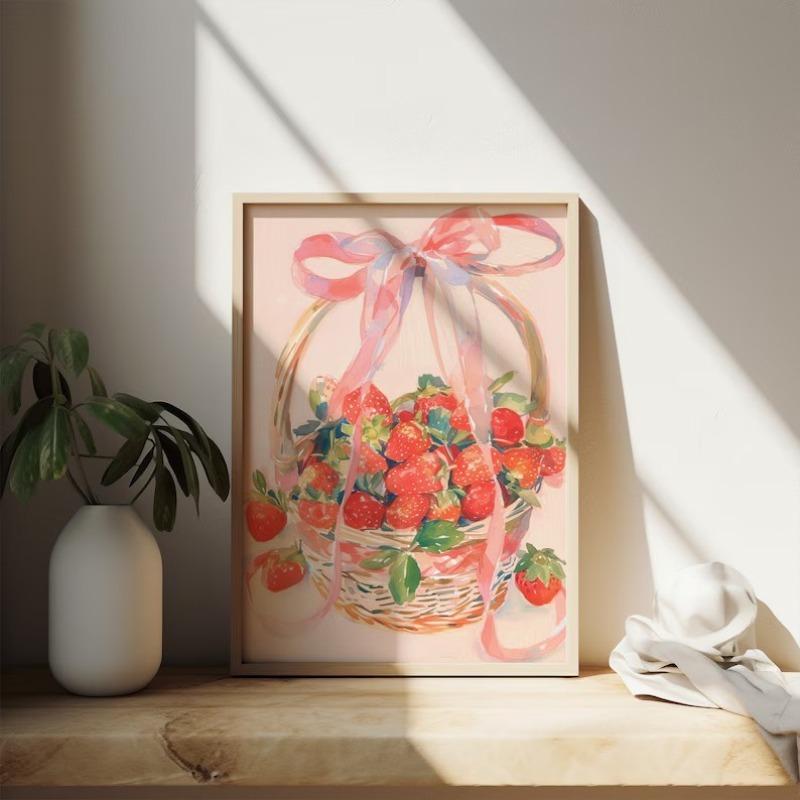 Pastel Strawberry Basket Watercolor Poster Cake Desserts Canvas Painting Trendy Wall Art Girly Kitchen Room Home Decor Mural