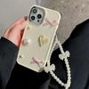 Cute Pearl Heart Bow Bracelet Chain Soild Color Case For Iphone 14 13 12 11 Pro Max X Xs Xr Plating Lens Protective Soft Cover