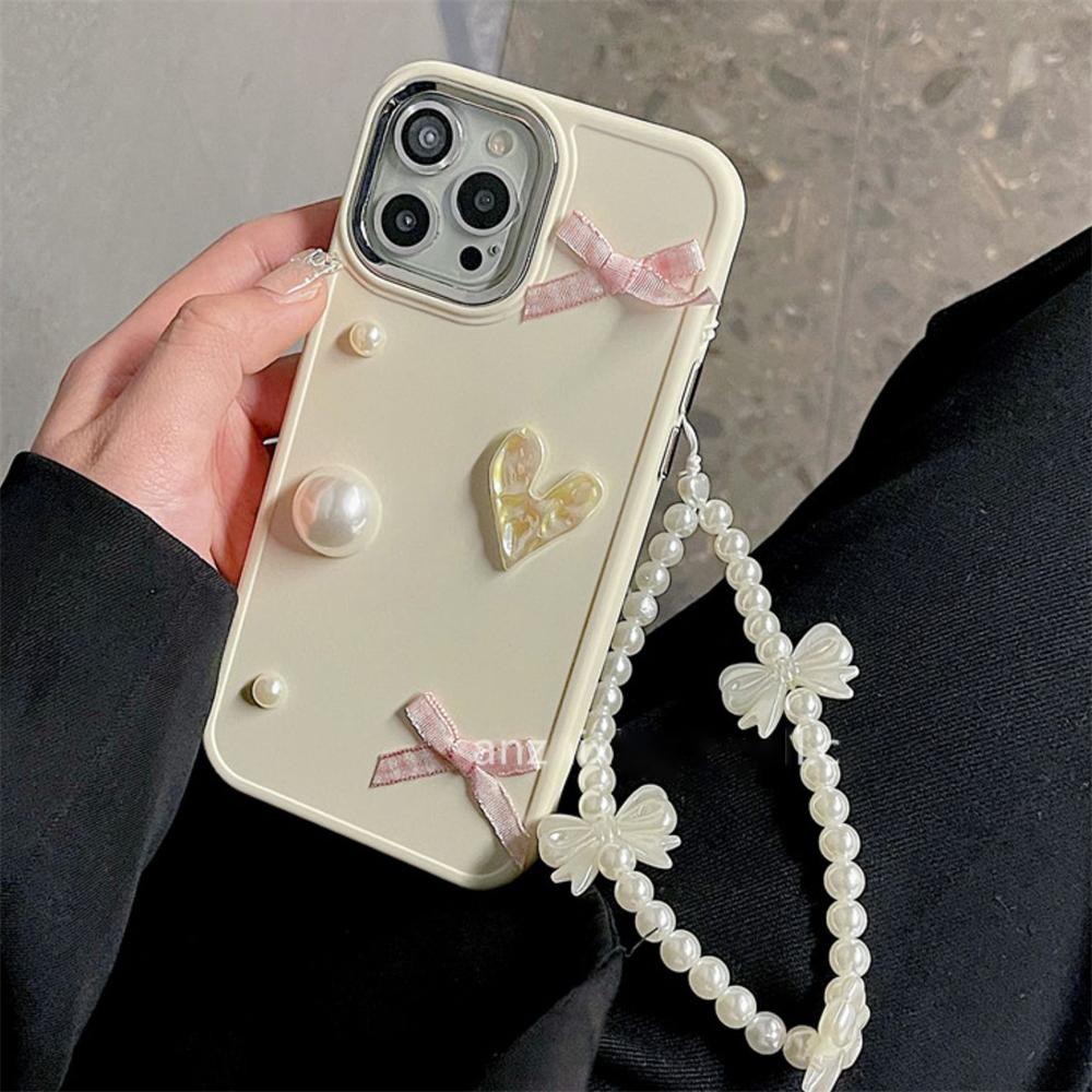 Cute Pearl Heart Bow Bracelet Chain Soild Color Case For Iphone 14 13 12 11 Pro Max X Xs Xr Plating Lens Protective Soft Cover
