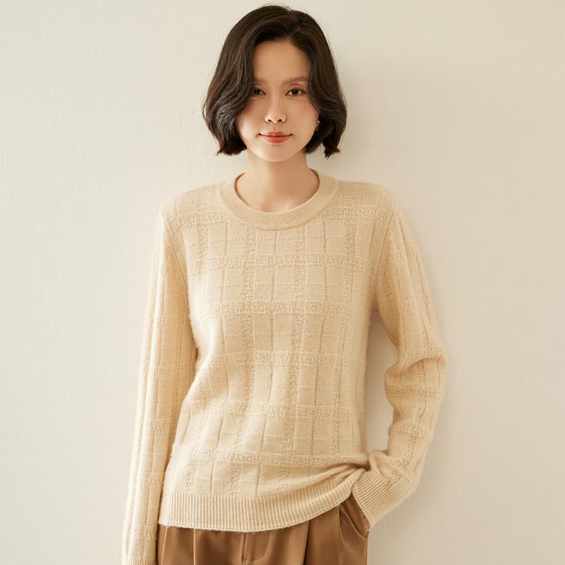 Women's Textured Cashmere Crew Neck Long-Sleeve Pullover Top for Autumn/Winter
