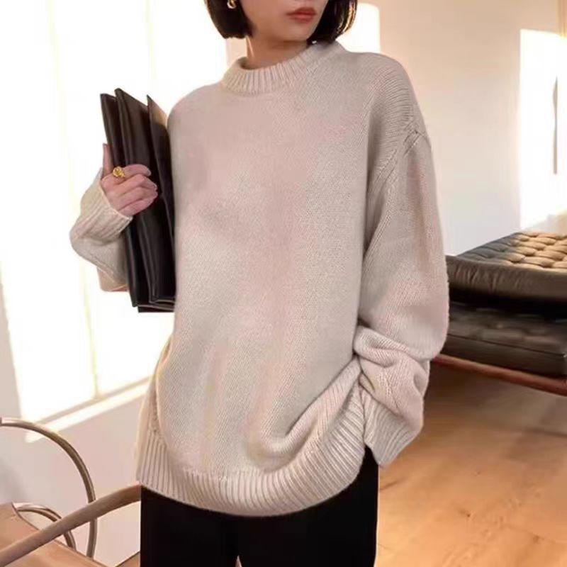 Women's Pure Wool Round Neck Sweater - Thickened, Versatile, Loose Fit for Autumn & Winter
