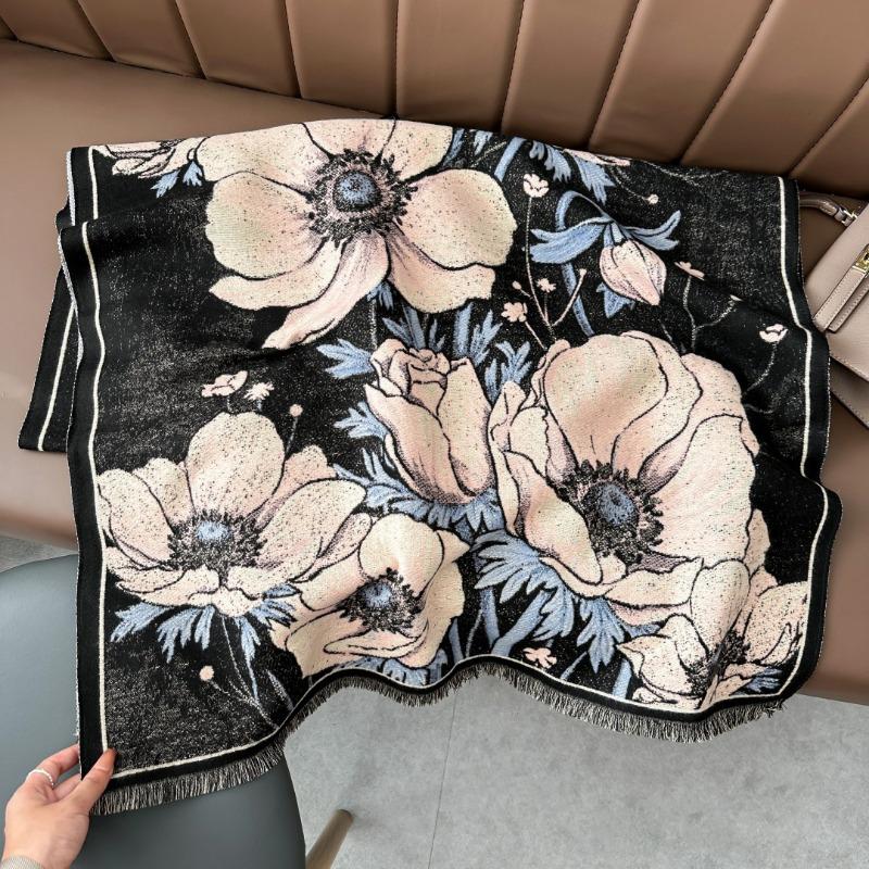 New plant flower scarf autumn and winter thickened retro oil painting scarf women's versatile imitation cashmere shawl
