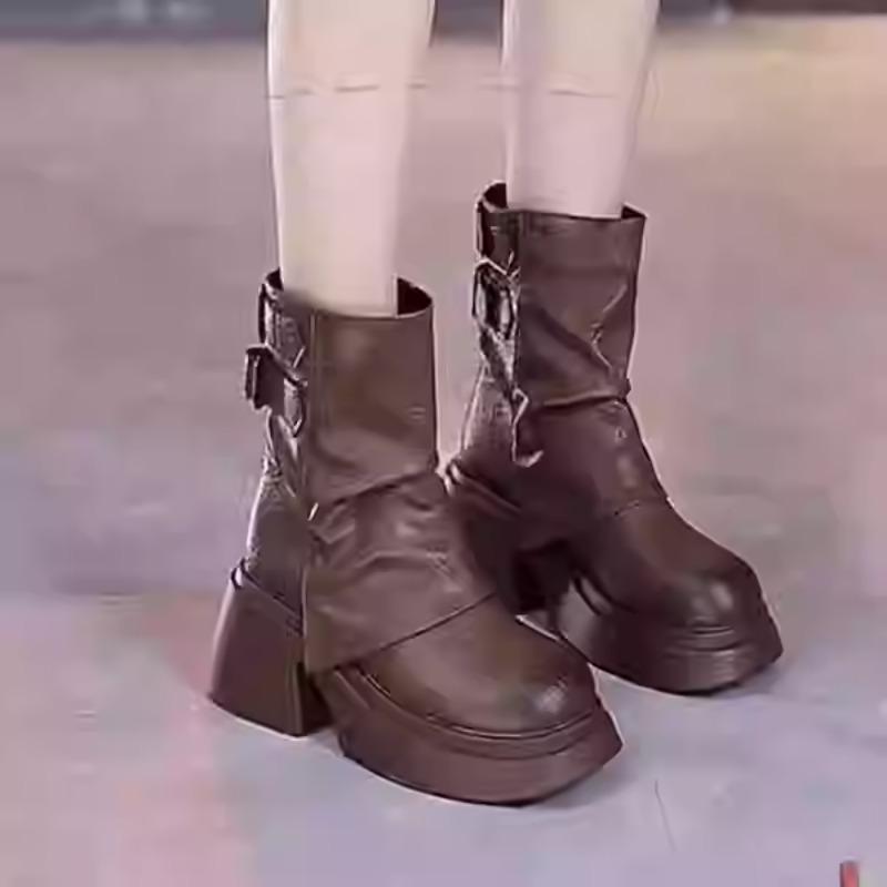 Fashion Platform Chunky Motorcycle Ankle Boots Brand Luxury Women Shoes PU Leather Designer 2025 Trend New Retro Fad Chelsea Botas Mujer