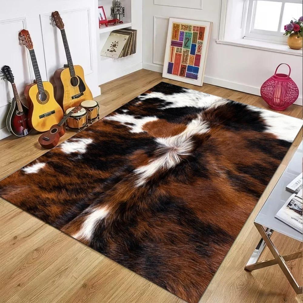 Faux Cowhide Pattern Area Rug Natural Texture Home Decor Living Room Bedroom Floor Carpet Retro Rustic Style Multiple Designs