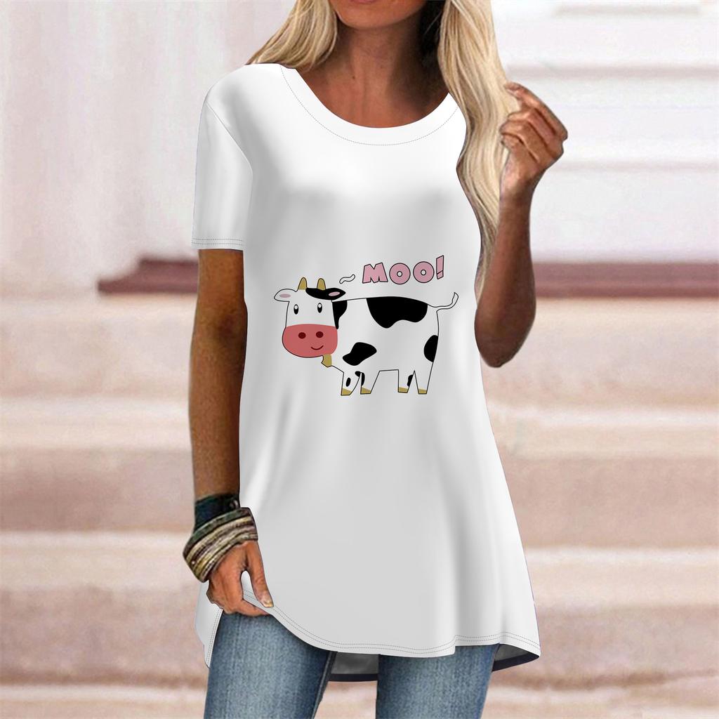 Plus Size Damen Sommer T-Shirt mit rosa Kuh-Print, bequem, kurzärmlig, runder Kragen, lässig, baggy, mittellanges T-Shirt