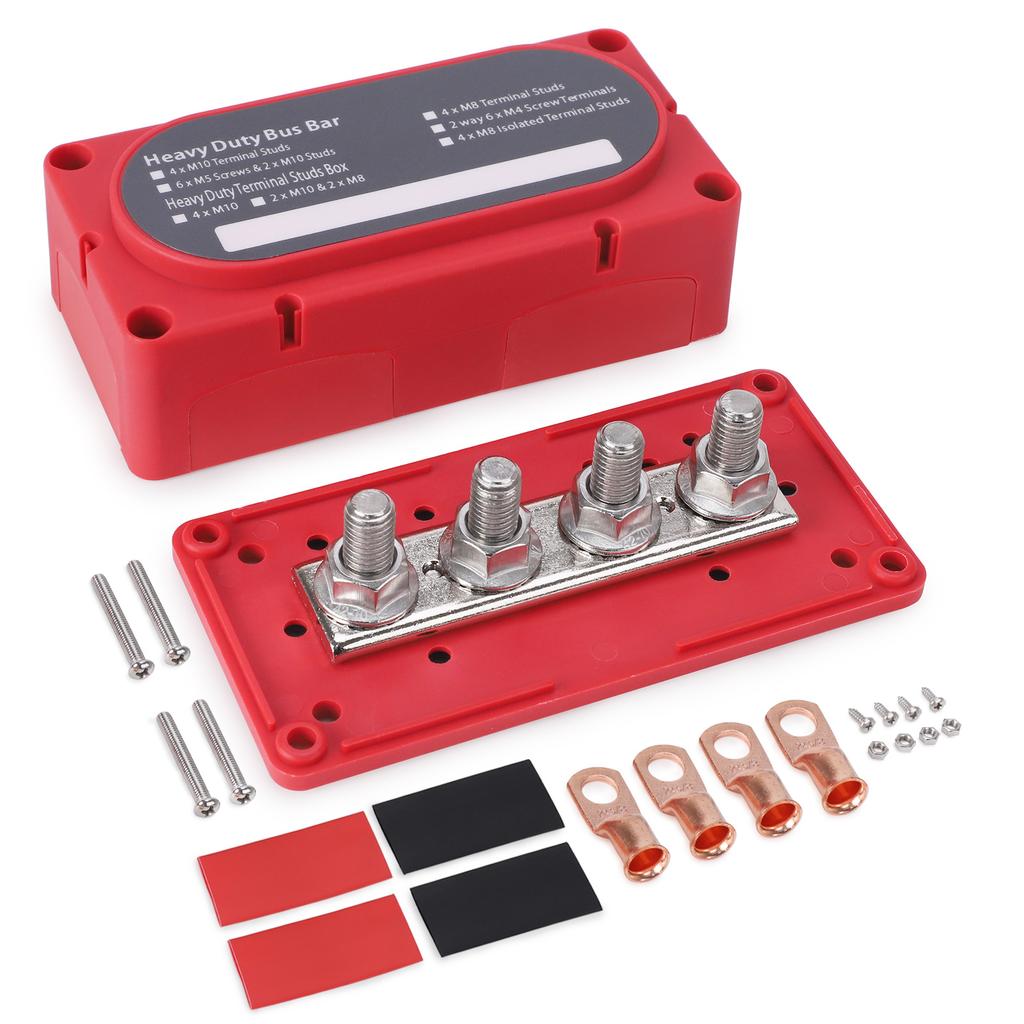 Power Distribution Block Module Heavy Duty Bus Bar 4 Studs Single Row 12-48V Copper Nickel Nylon M6 M8 M10 For Truck Car Boat