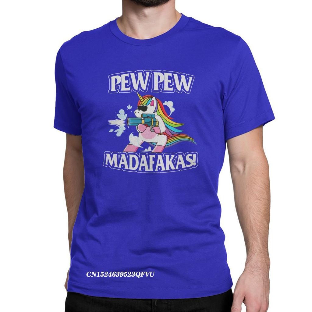 Funny Pew Pew Madafakas Men's Tops T Shirts Unicorn Humor Tee Shirt Harajuku Round Collar T-Shirts Cotton Clothes