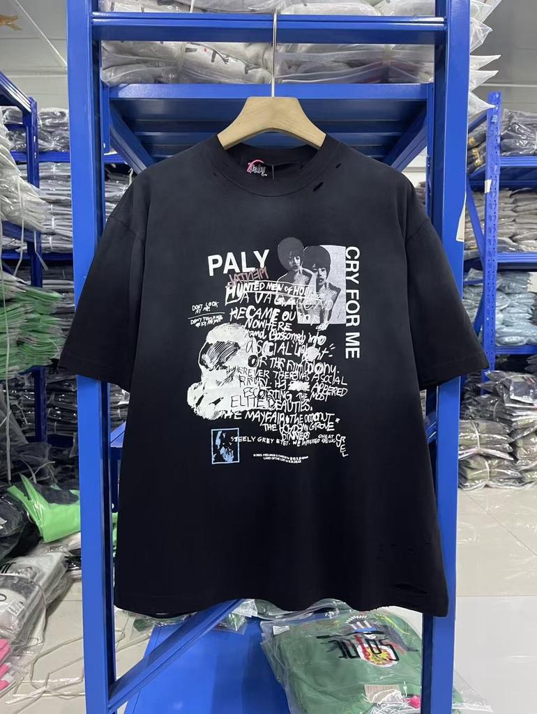 Paly הוליווד וינטג נישה אמריקאי רטרו קרוע שטוף ישן רפוי חולצת טי שרוול קצר טרנדי גברים ונשים