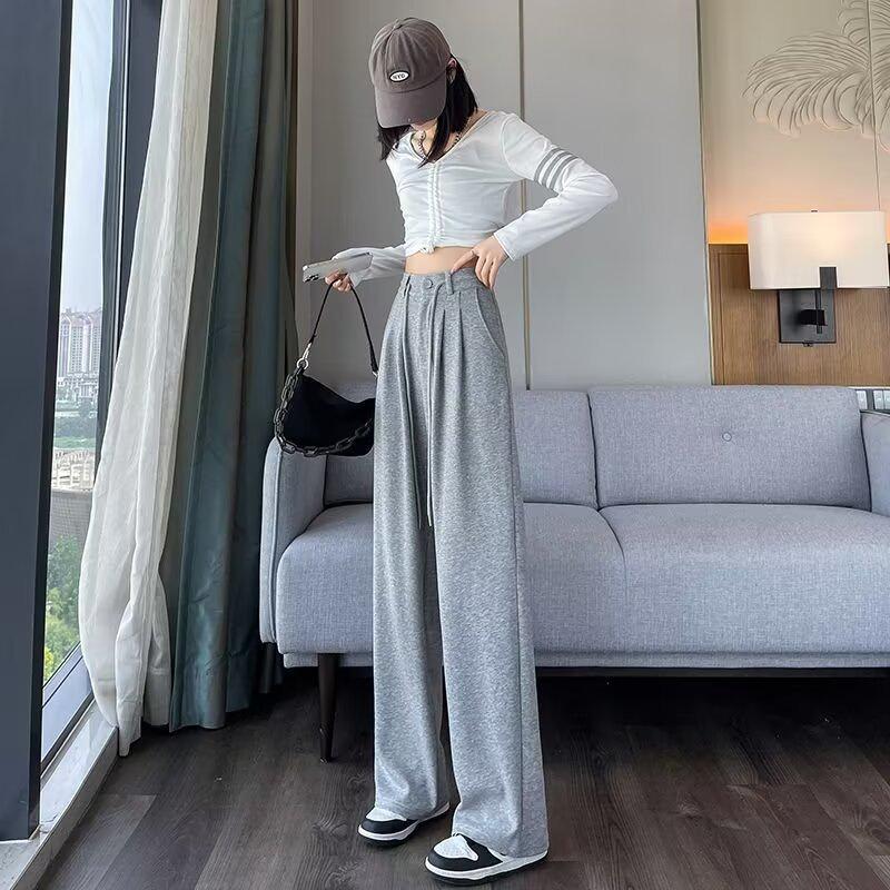 Women's Gray High-Waisted Wide-Leg Sweatpants - Casual Drawstring Fit for Autumn and Winter