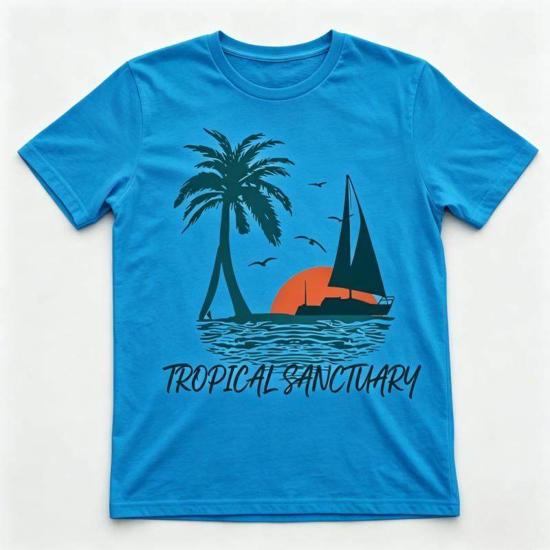 

Vintage Unisexs Tropical Sanctuary Graphic Tshirt Beach Palm Tree Sailboat Print Casual CottonShort Sleeve Streetwear Summer Tops 4XL