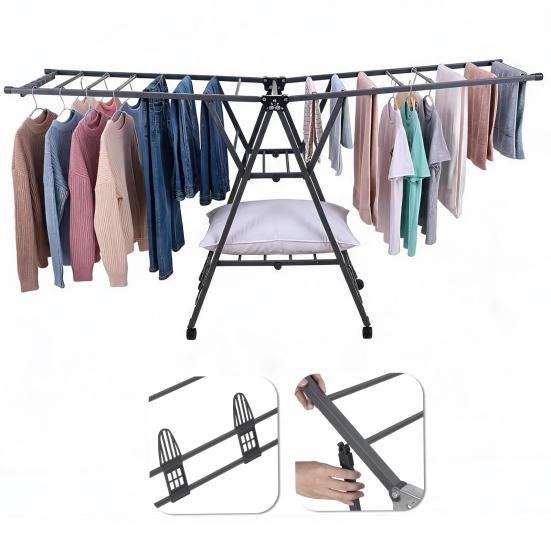 Space Saving Drying Rack Heavy Duty Foldable Floor-standing Clothes with Wheels & Shoe Rack Wing Type Sturdy 200lbs Capacity Portable Collapsible