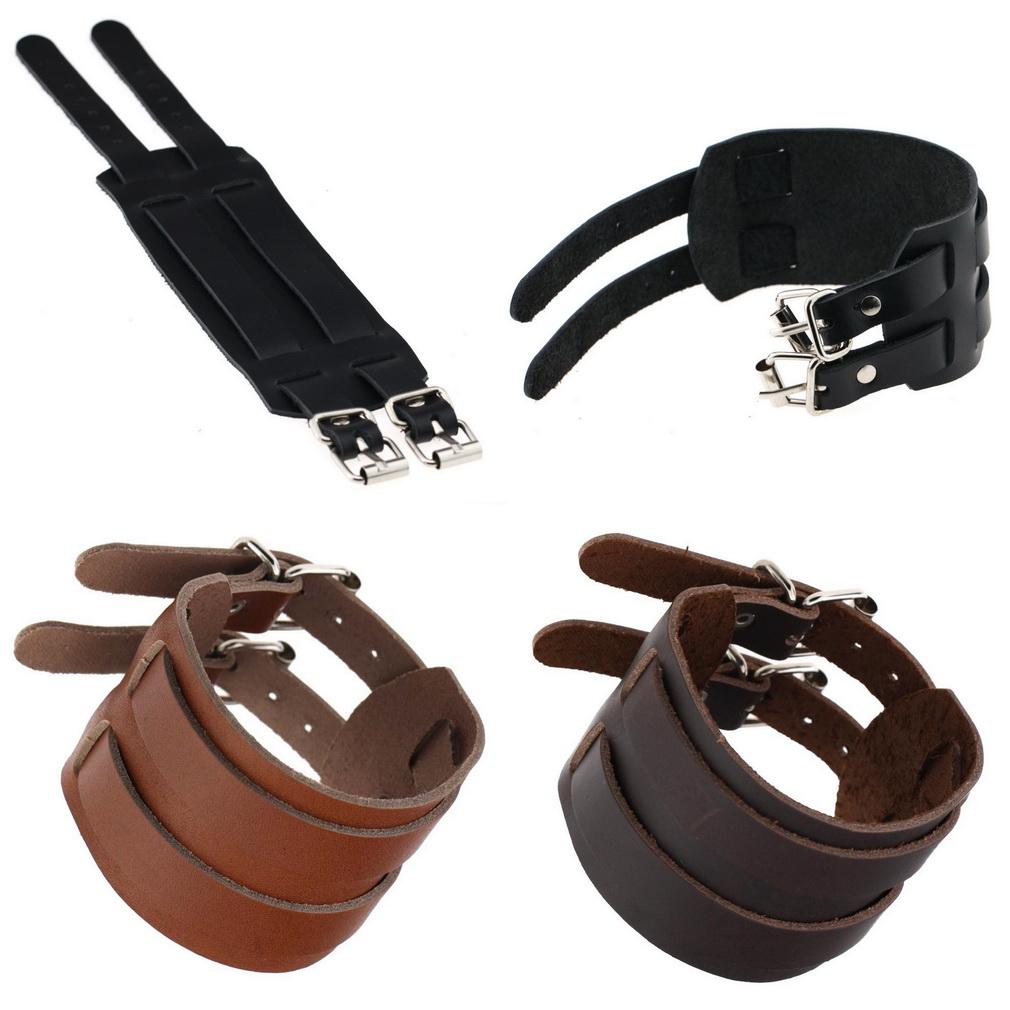 Vintage Genuine Leather Punk Bracelet Double Buckle Wide Cuff Wristband for Men Women Gothic Jewelry