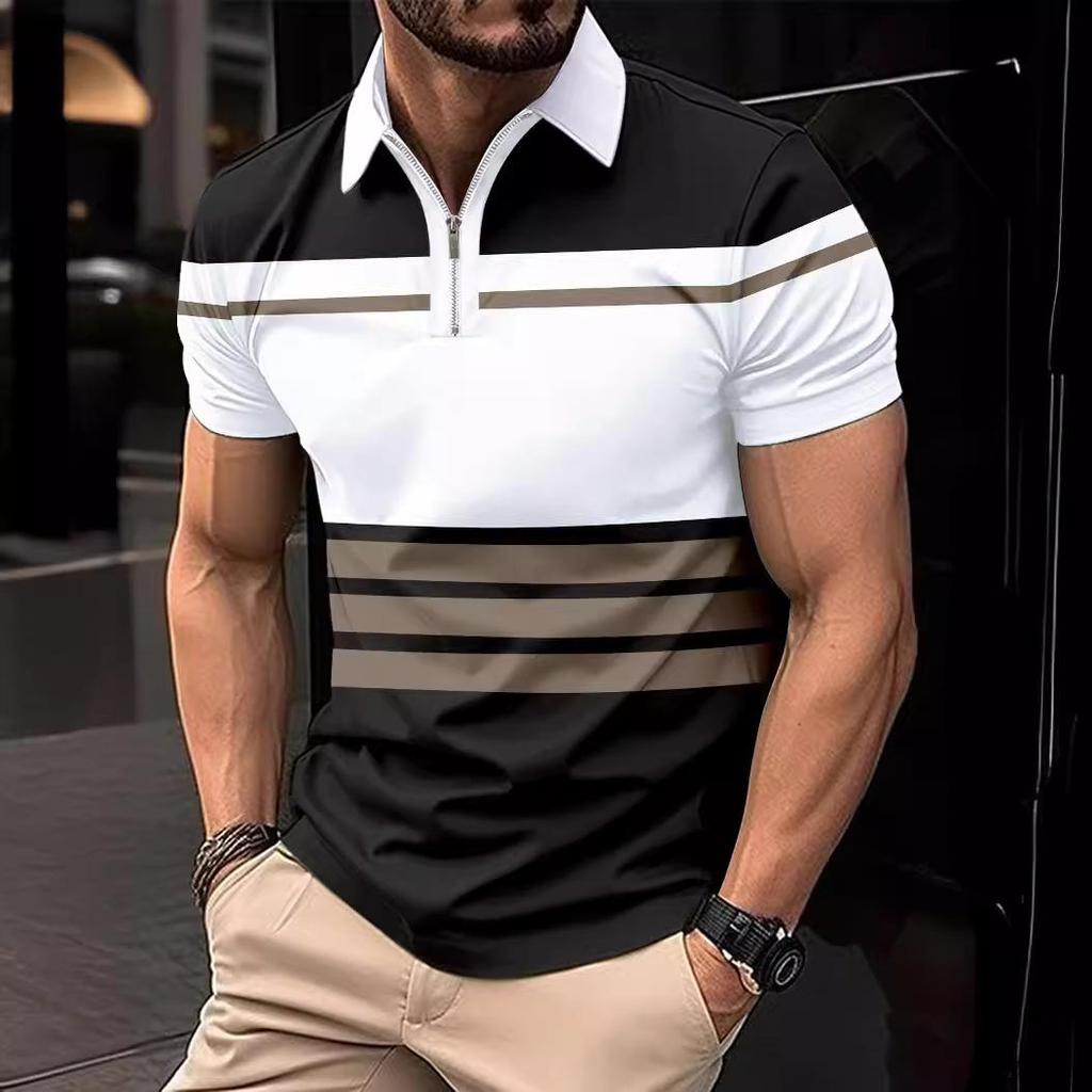 New Men's Casual POLO Shirt Lapel Zip Colour Blocking Business Versatile T-shirt Tops