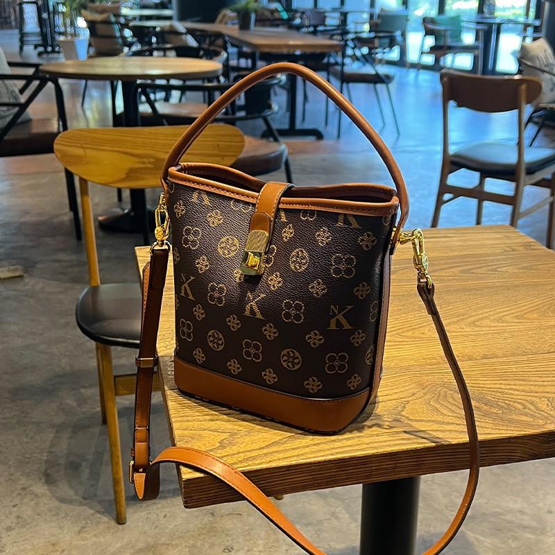 Womens Large Capacity Bucket Bag PU Leather Shoulder Crossbody Handbag Coffee Color Casual Style