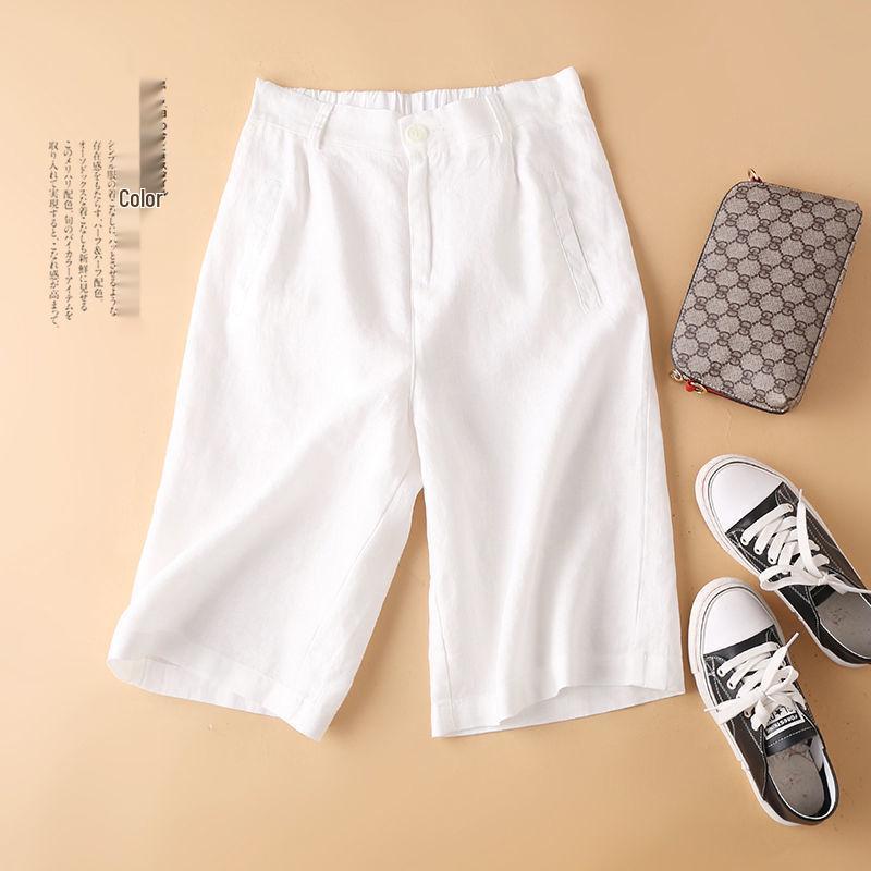 Women's Cotton Linen High Waist Wide-Leg Shorts - Summer Semi-Elastic Casual Five-Point Pants