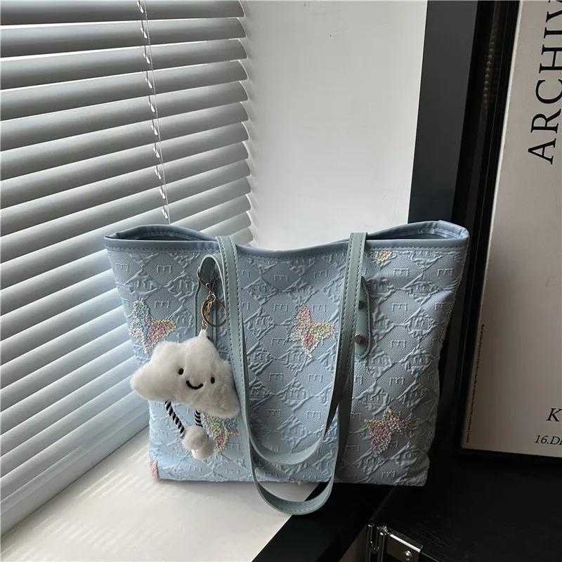 Casual Embroidered Butterfly Shoulder Bags for Women Sweet Ladies Large Capacity Handbags Plaid Portable College Girls Tote Bag